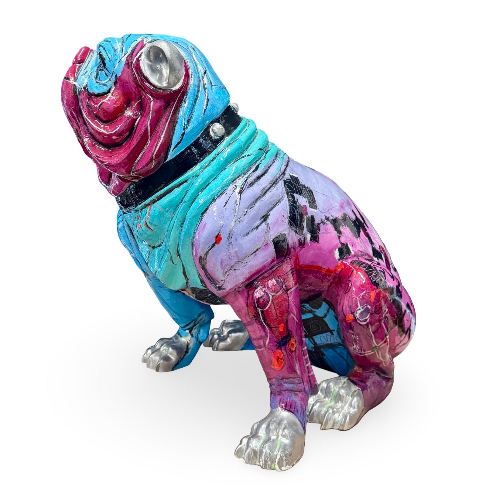 Beeld van een bulldog in blauw rood via modernekunst.
