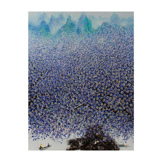 Groot bloesem schilderij in blauw en paars tinten van kunstenaar Je Shen Modernekunst.nl