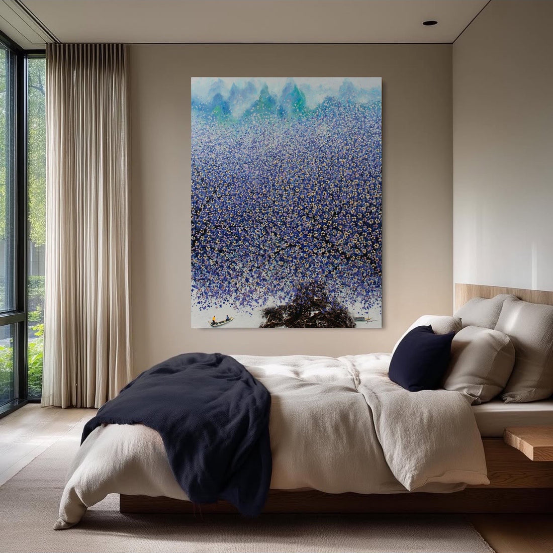 Blauw bloemen schilderij in Japanse stijl.