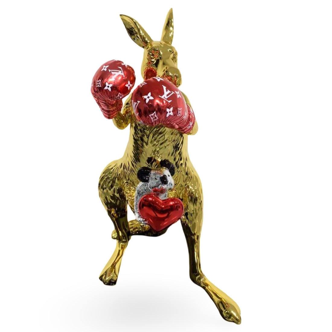 Sculpture of golden Kangaroo with Louis Vuitton boxing gloves and a koala with heart by Diederik van Apple via modernekunst