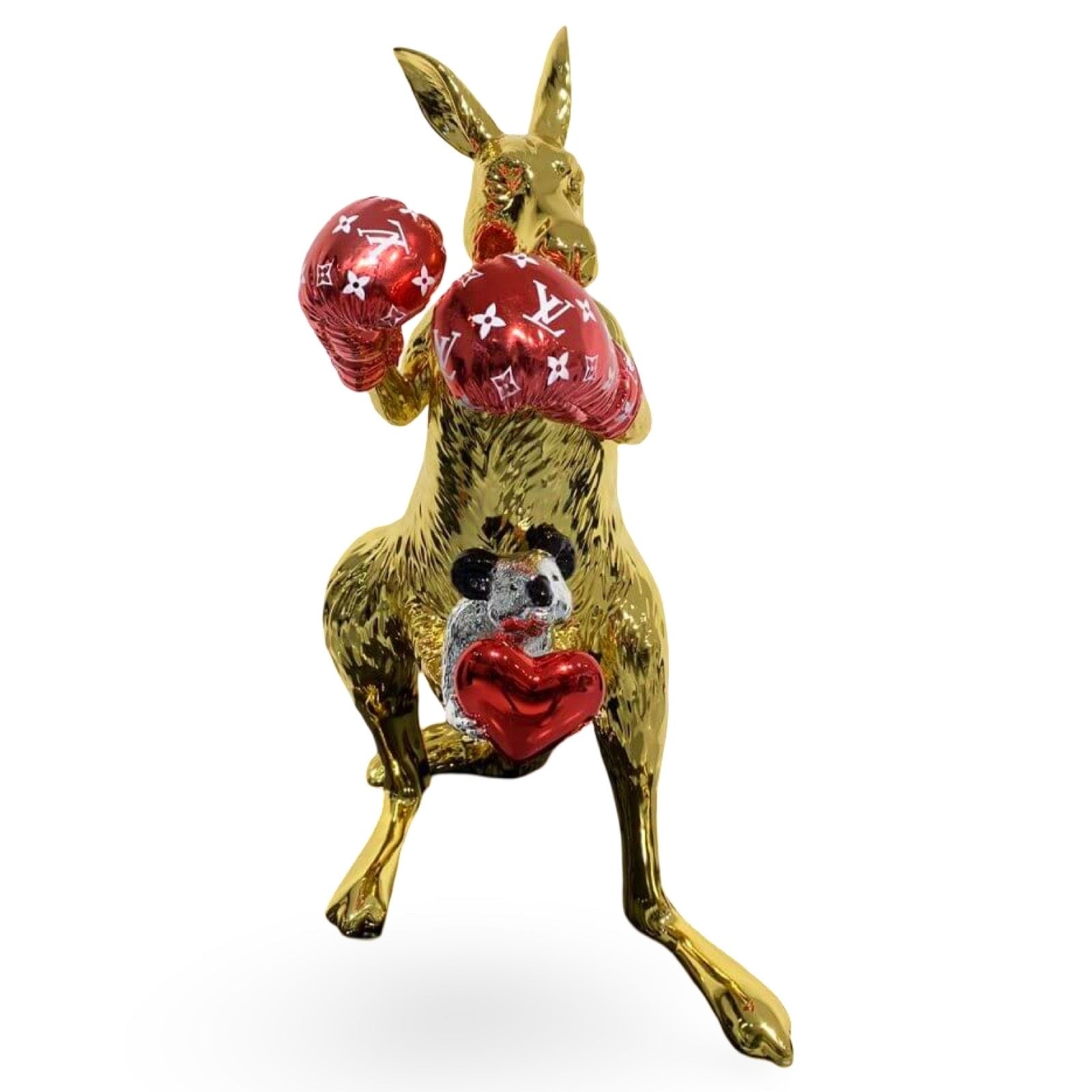 Sculpture of golden Kangaroo with Louis Vuitton boxing gloves and a koala with heart by Diederik van Apple via modernekunst