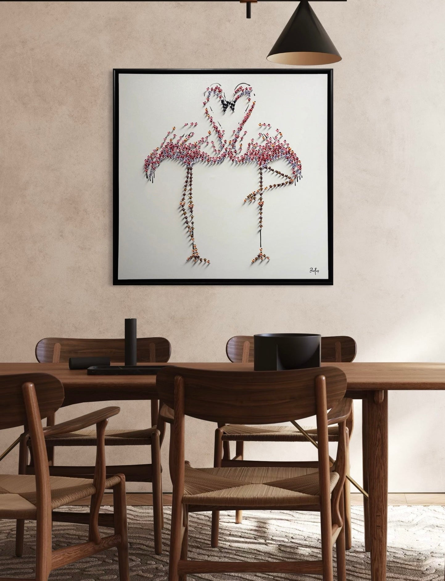 Francisco Bartus Flamingo Flirt origineel schilderij in interieur.