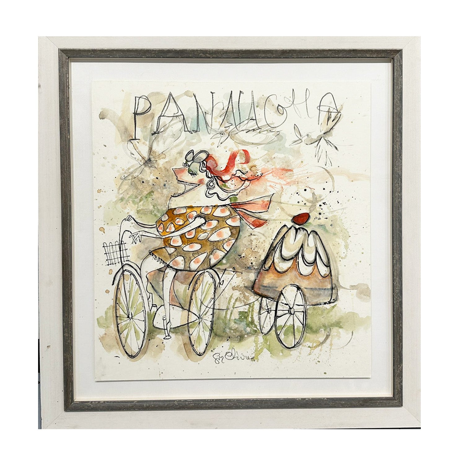 Guy Olivier schilderij 'Pannacotta' vrouw op fiets met taart modernekunst.nl