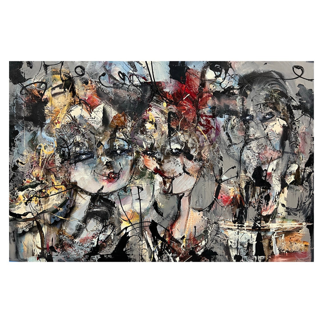 Guy Olivier schilderij 'Cafe' dames in grijze tinten modernekunst.nl