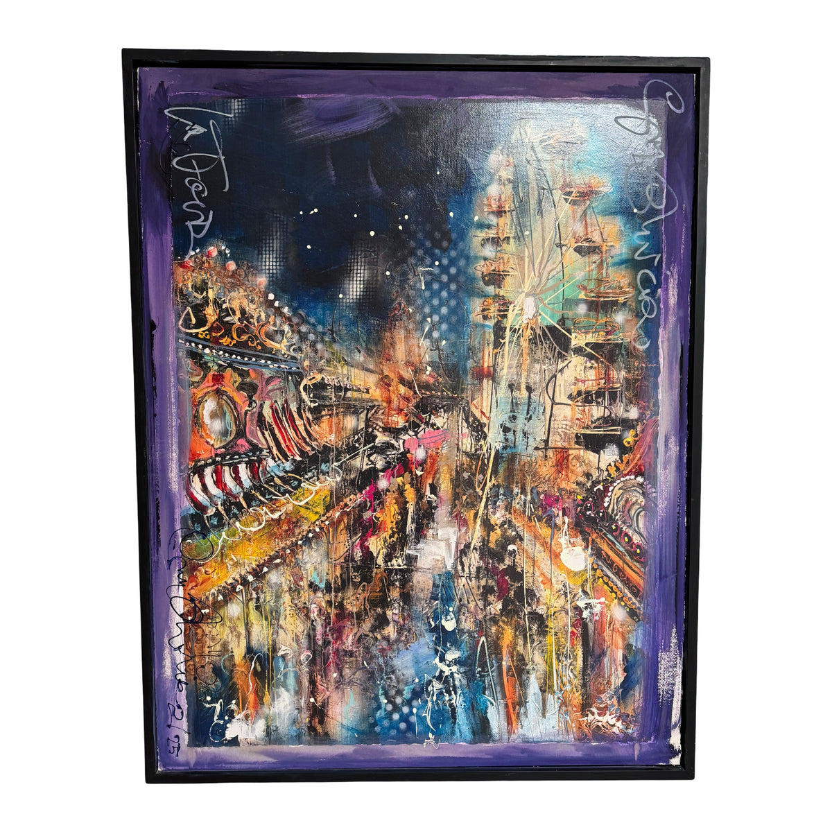 Guy Olivier Mixed media schilderij van een kermis in het nachtleven 'Le Carrousel Purple'
