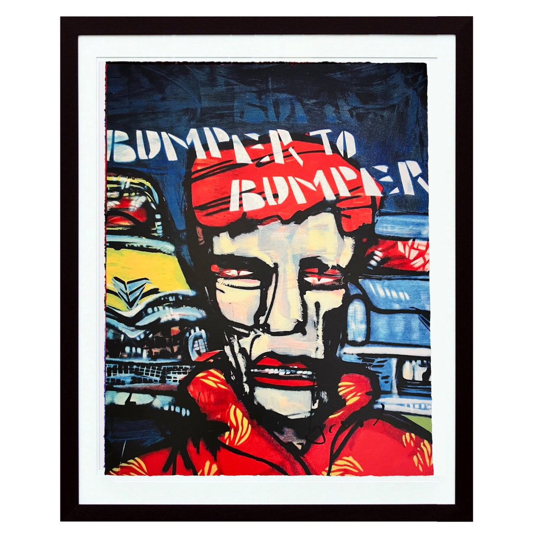 Schilderij van Herman Brood met 2 auto's en een man Bumer to Bumper modernek unst