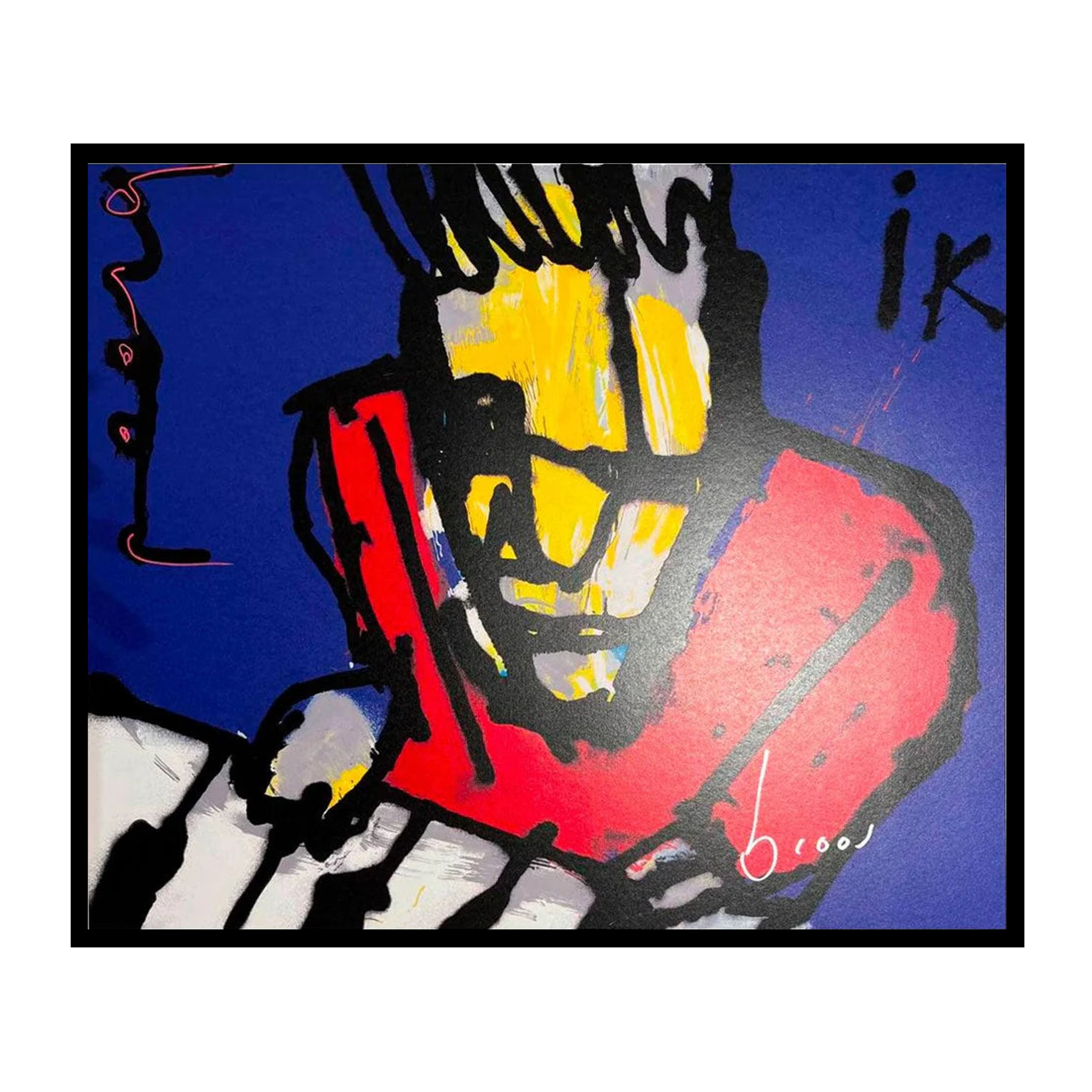 Blauw schilderij van Herman Brood met een rood shirt die piano speelt IK