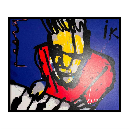 Blauw schilderij van Herman Brood met een rood shirt die piano speelt IK