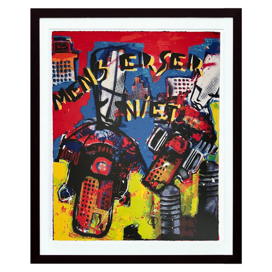 Schilderij van Herman Brood motor door stad met tekst Mens erger je niet van modernekunst