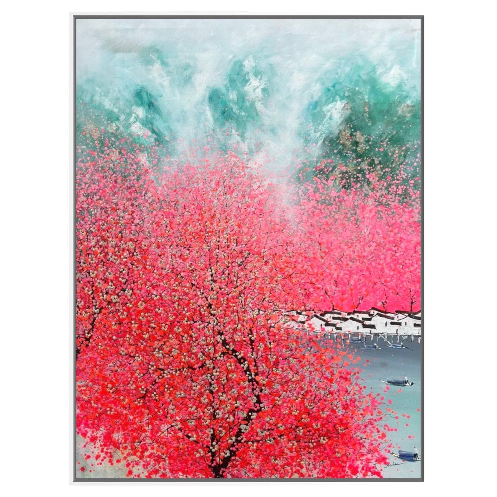 Bloesem bomen schilderij van kunstenaar Je Shen met rode bloesembomen en groene bergen.
