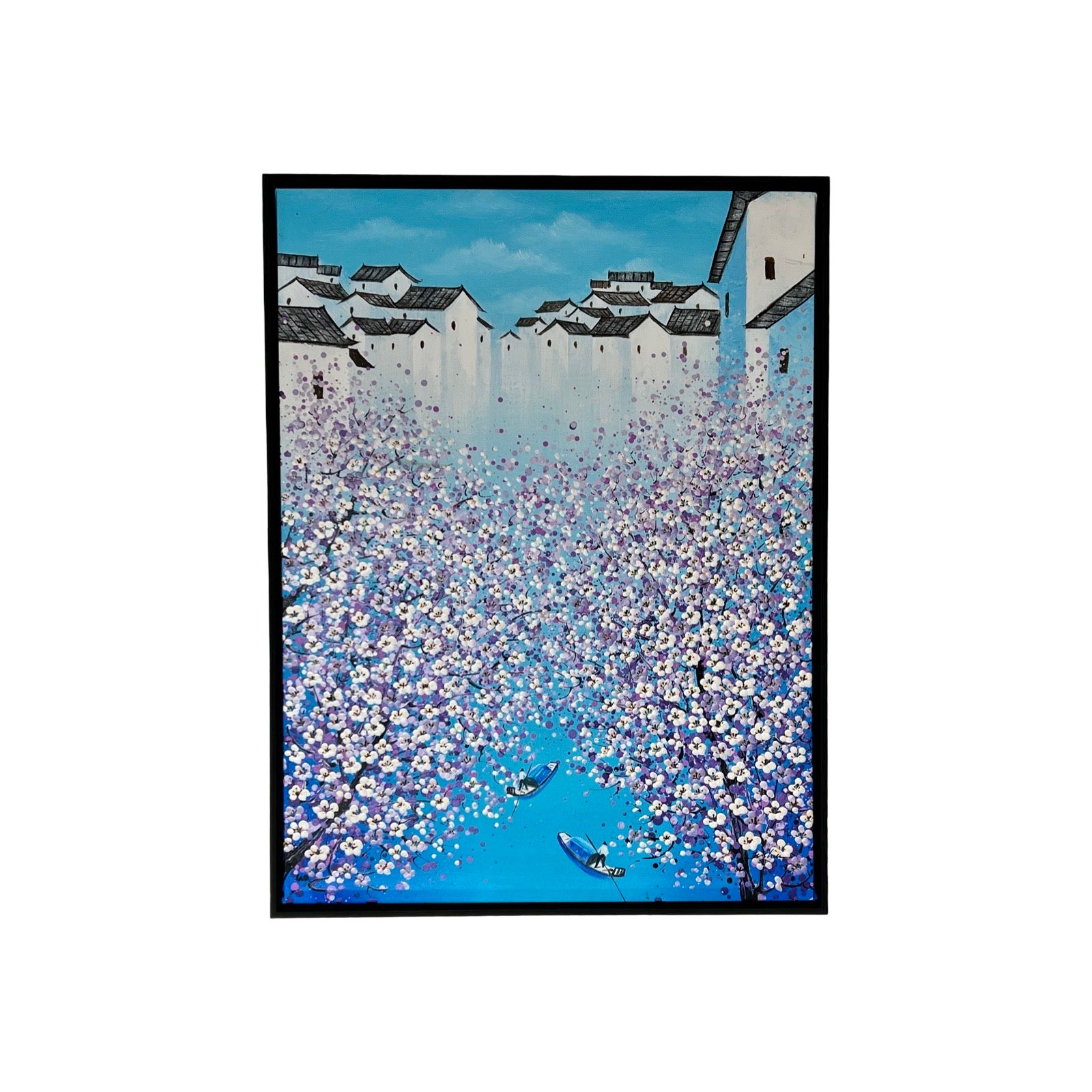 Modern bloesem schilderij Entrance van Je Shen met paarse bloesem op blauwe achtergrond met diepte effect.