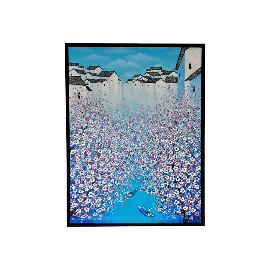 Modern bloesem schilderij Entrance van Je Shen met paarse bloesem op blauwe achtergrond met diepte effect.