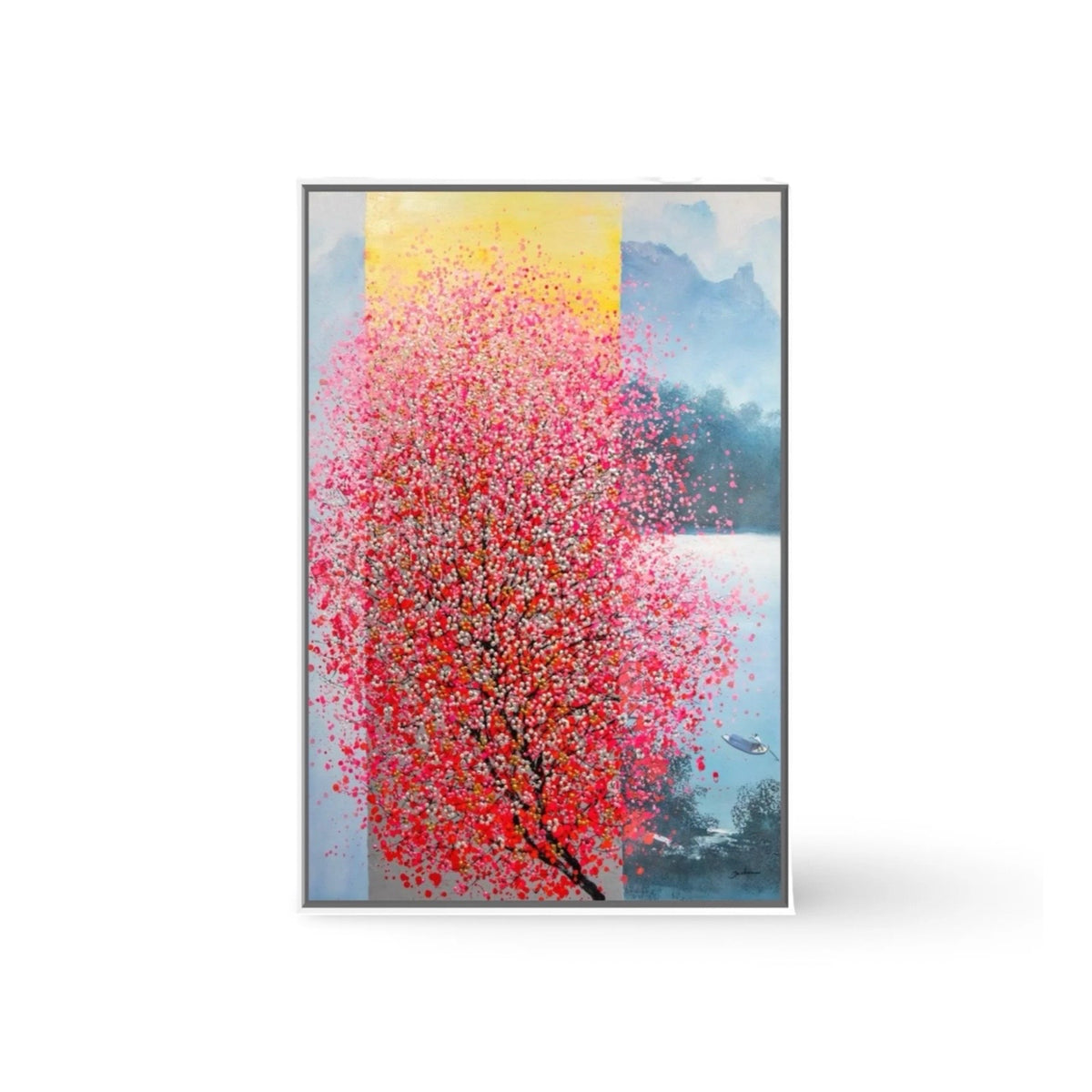 Je Shen kunst 'Shine Small' Roze met geel bloesem Schilderij - Origineel kunstwerk