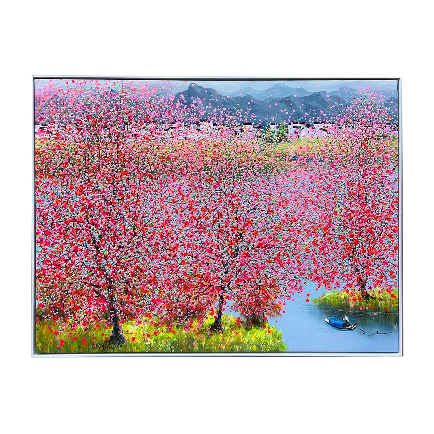 Schilderij van roze bloesem bomen in Japan bij het water en de bergen