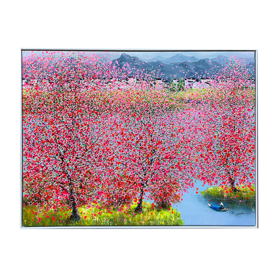 Schilderij van roze bloesem bomen in Japan bij het water en de bergen