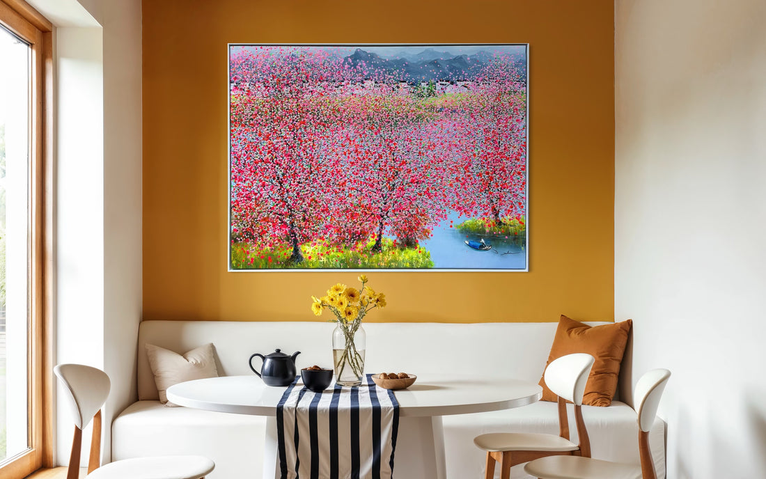 Kunst in de eetkamer, schilderij van bloemen via modernekunst.