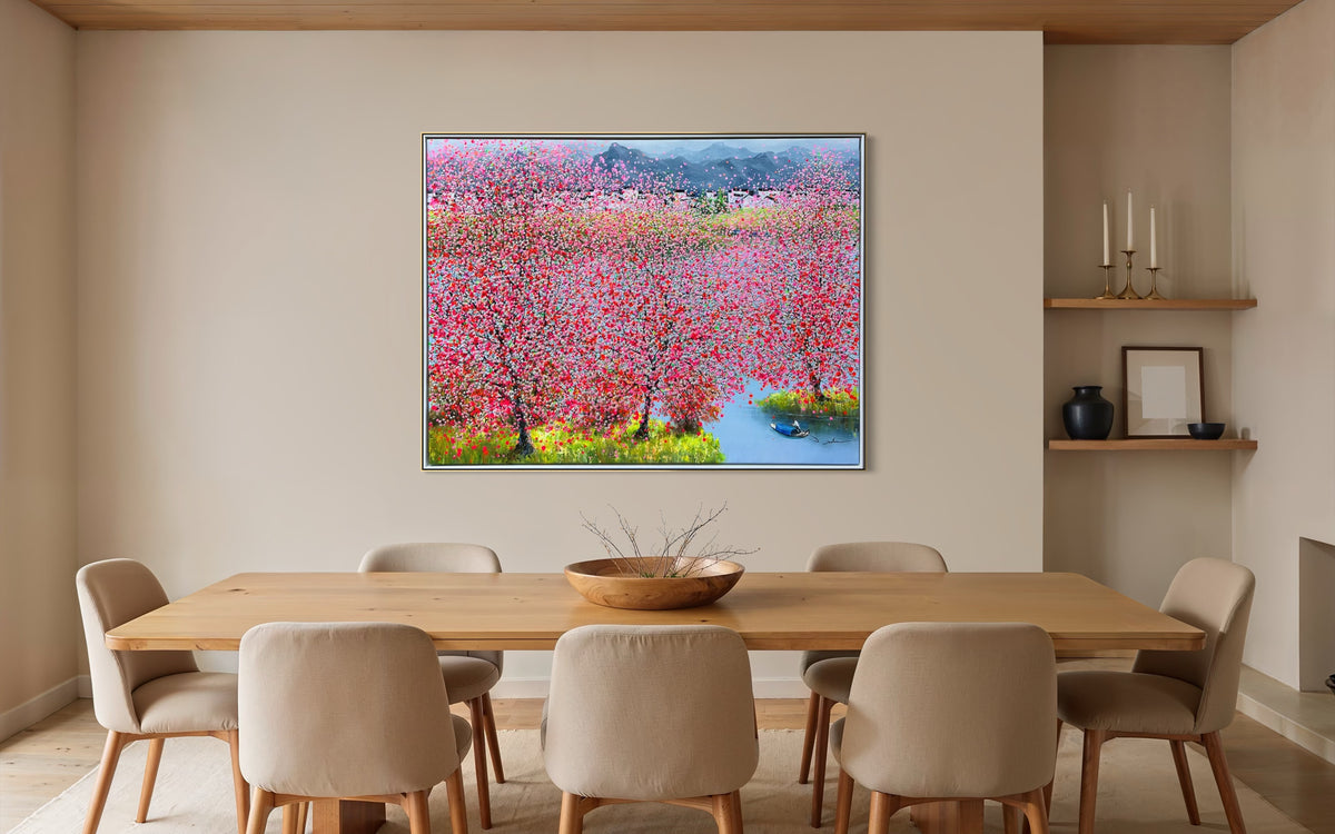 Bloemen schilderij voor in de eetkamer met rood en roze