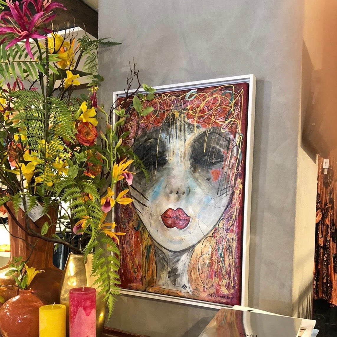 Acrylverf portret schilderij van Marianne Bey 'Red Lips'