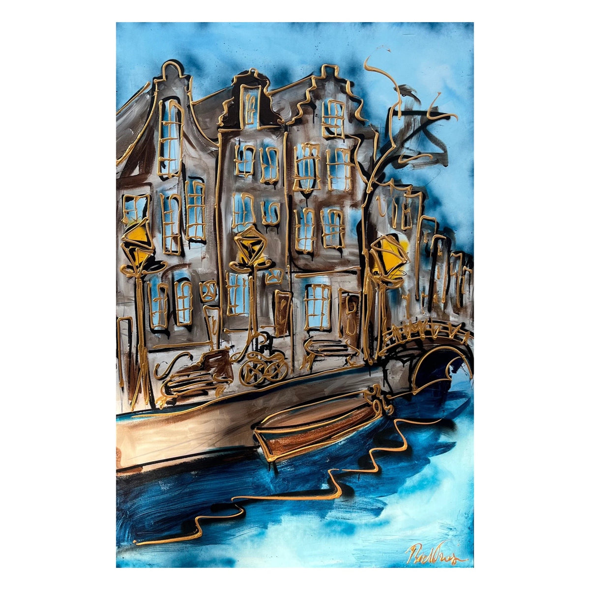 Rick Triest - Amsterdamse gracht met brug en boot, schilderij in blauw en goud