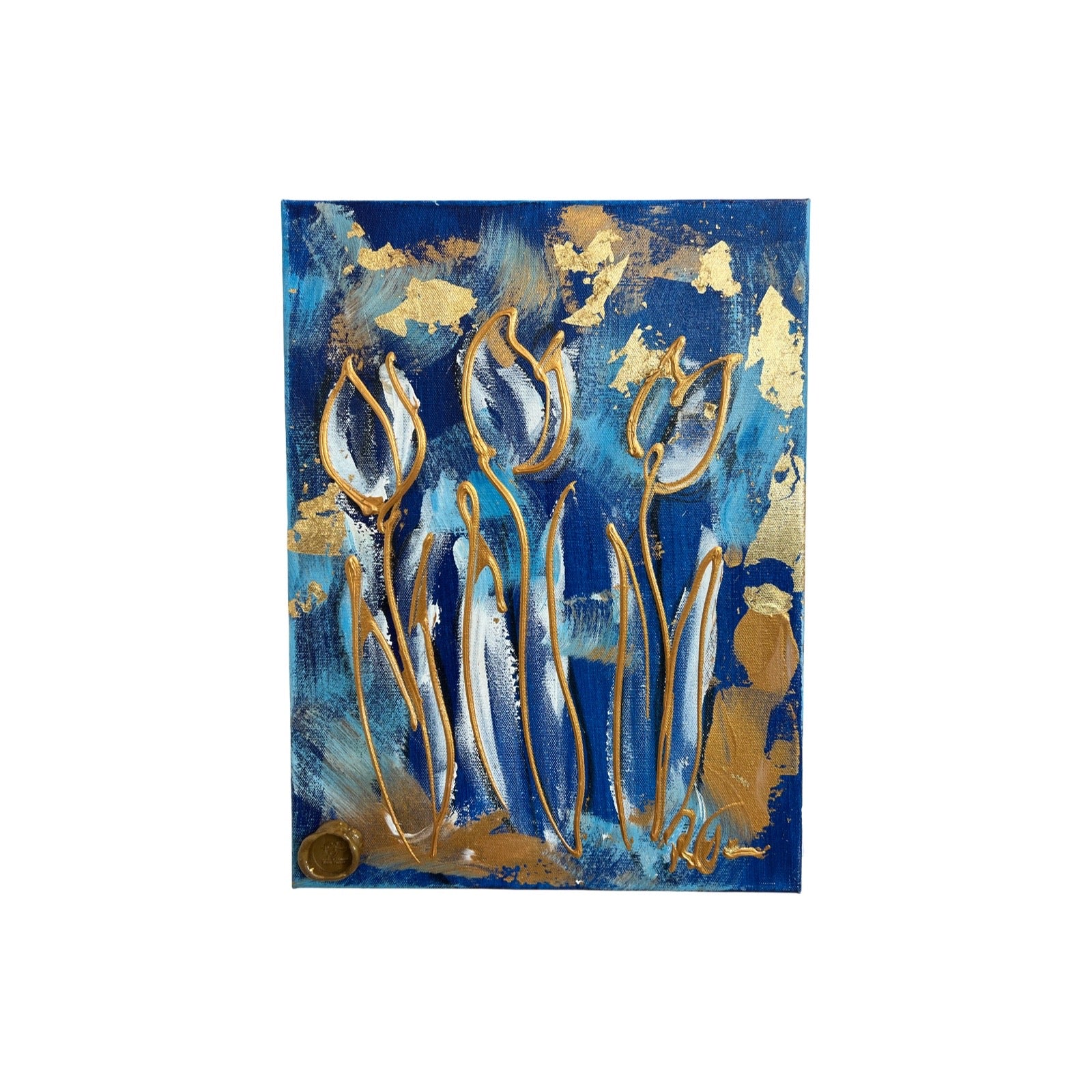 Tulpen schilderij van oliever met blauw en goud