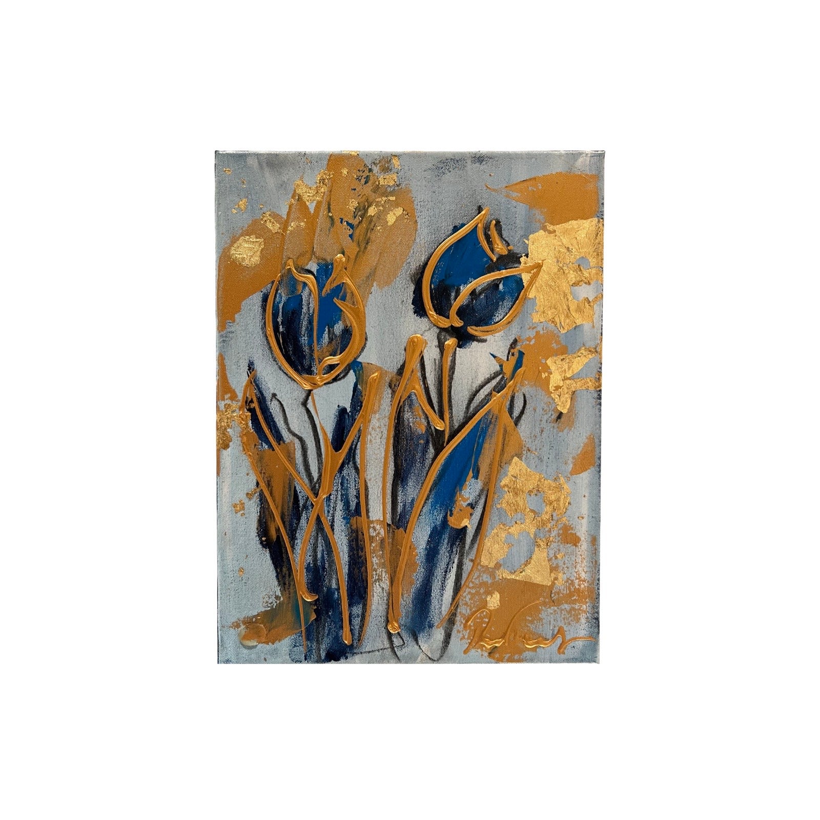 Klein schilderij van tulpen in goud en blauw door kunst schilder Rick Triest.