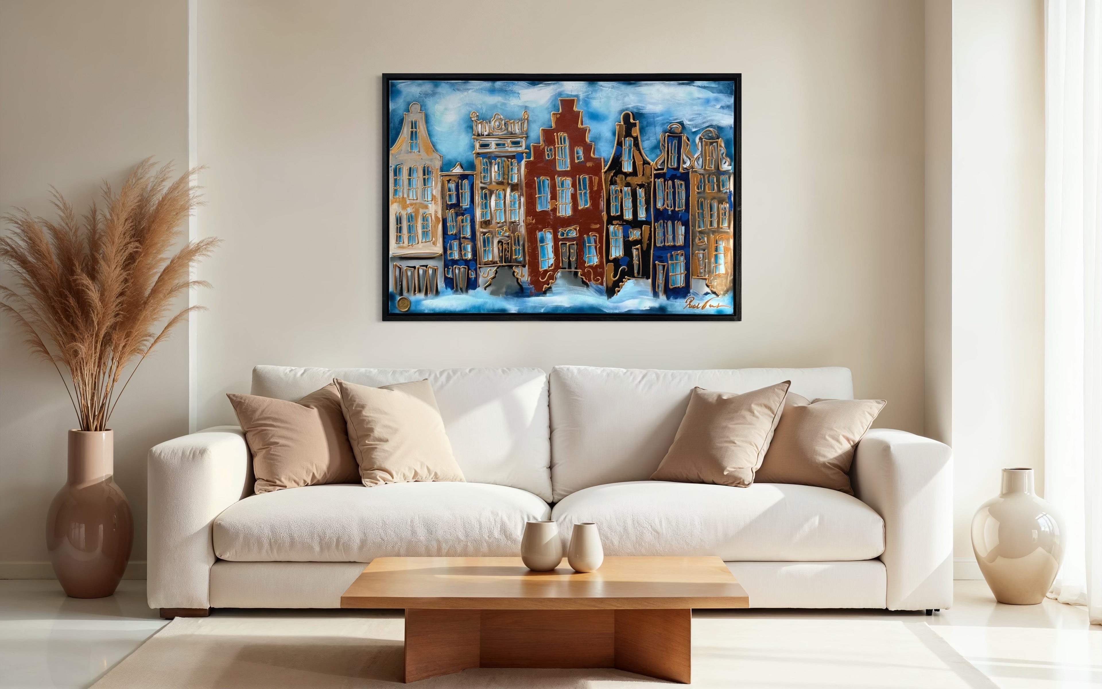 Schilderij van Amsterdamse grachtenpanden