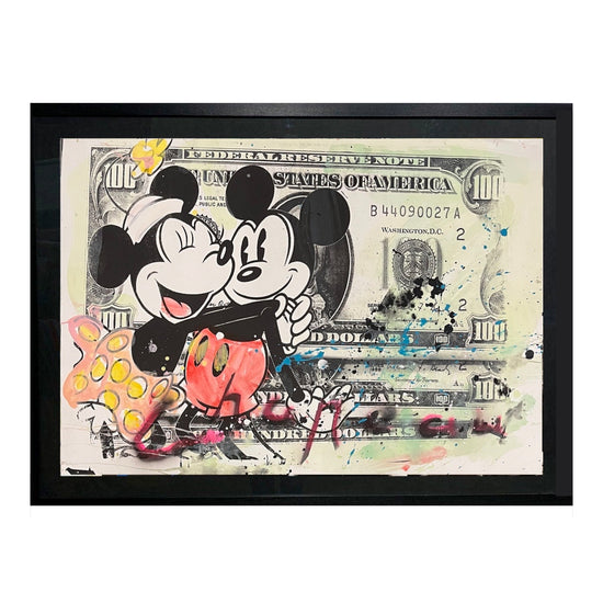 Ronald Chapeau zeefdruk van Mickey en Minnie Mouse op dollar biljetten