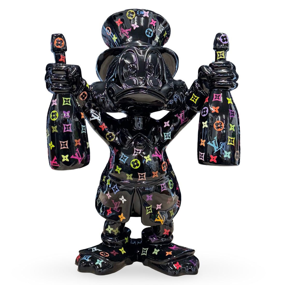 Sculpture of Dagobert Duck black with Louis Vuitton logo's.