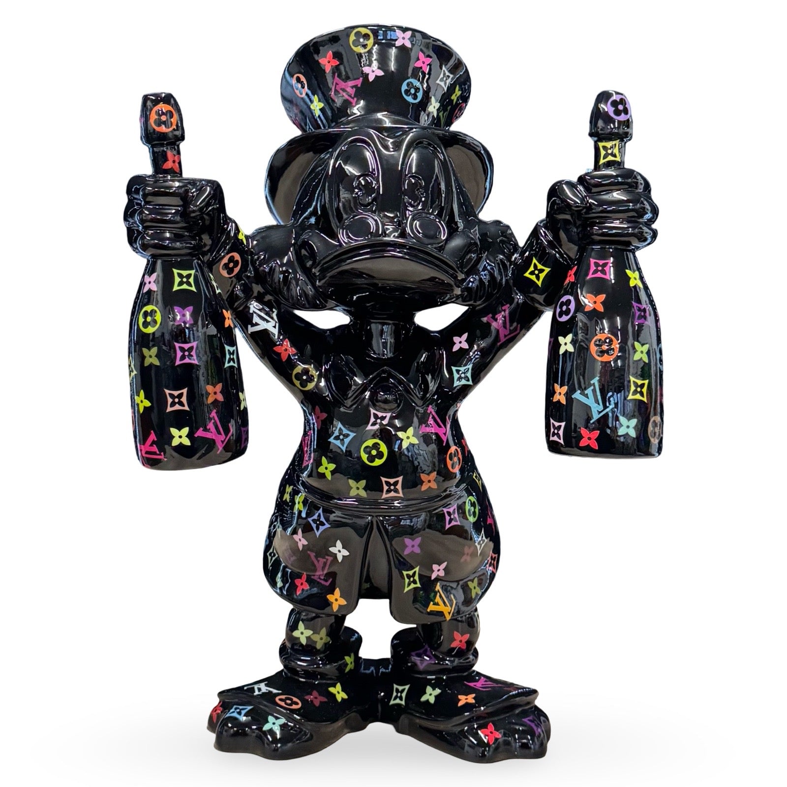 Sculpture of Dagobert Duck black with Louis Vuitton logo's.