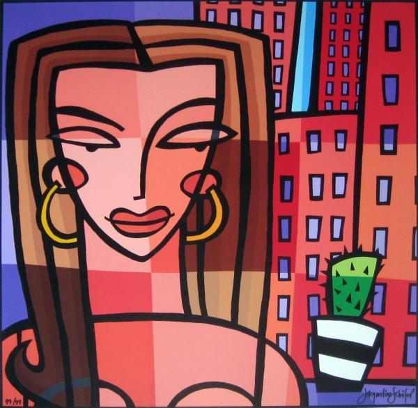 Vrouw met cactus bij raam - Moderne Kunst
